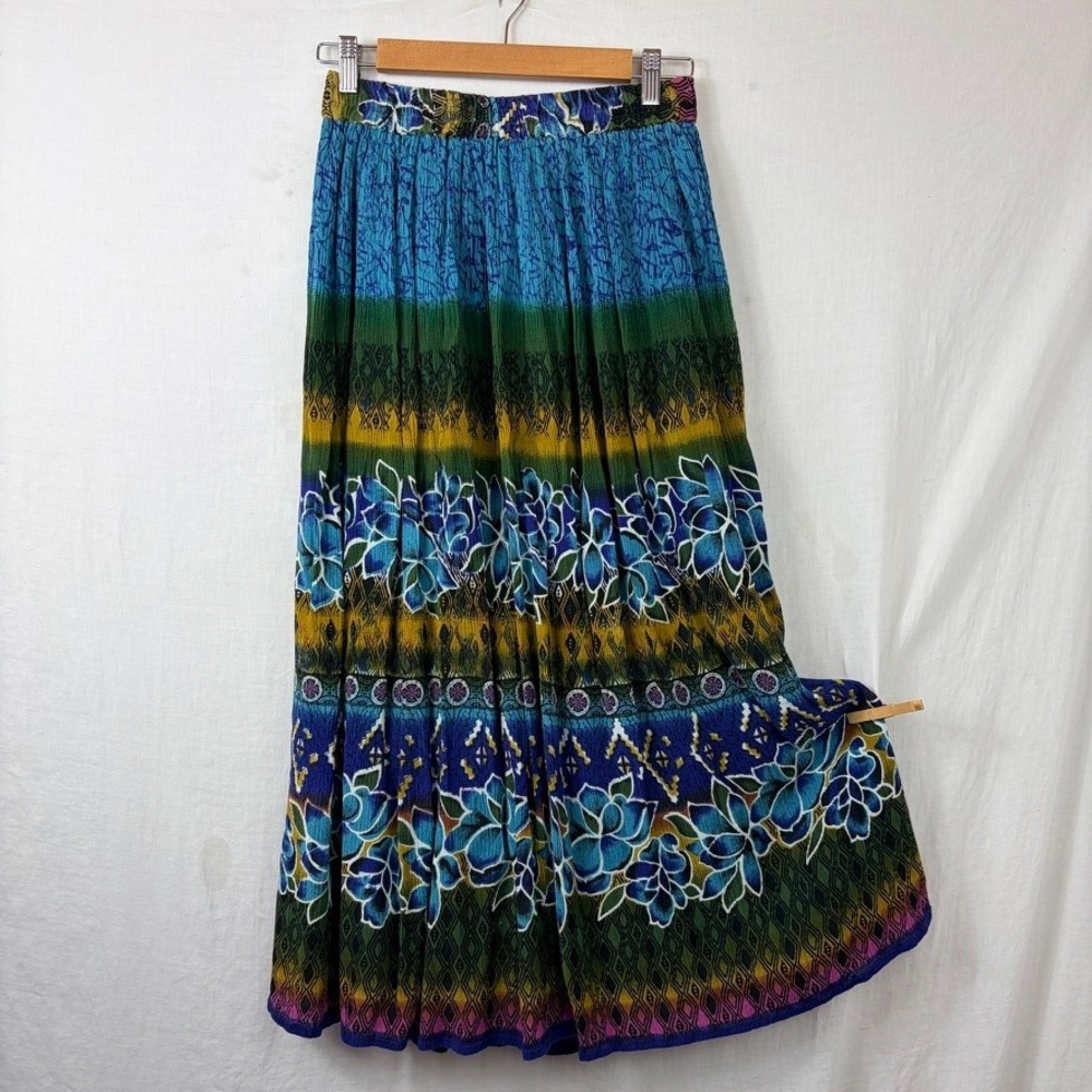 Crinkle Gauze Pull On Maxi Skirt Sz S/M Bright‎ Tropical Boho Hawaiian Floral